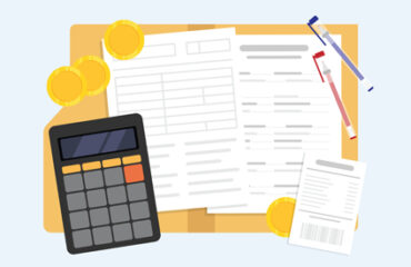 Illustration calculatrice, pièce de monnaie et feuilles de papier posées sur un dossier ouvert