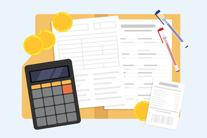 Illustration calculatrice, pièce de monnaie et feuilles de papier posées sur un dossier ouvert