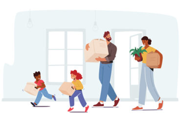 Illustration d'une famille qui porte ses cartons lors d'un déménagement