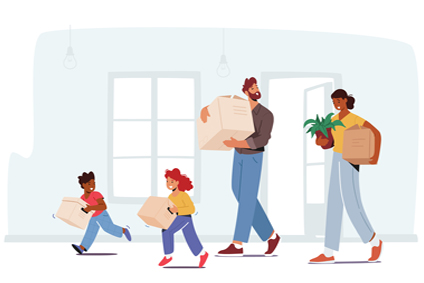 Illustration d'une famille qui porte ses cartons lors d'un déménagement